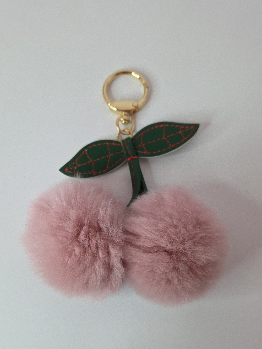 Pink Pom Pom Cherry Keychain with Green Leaf Accent